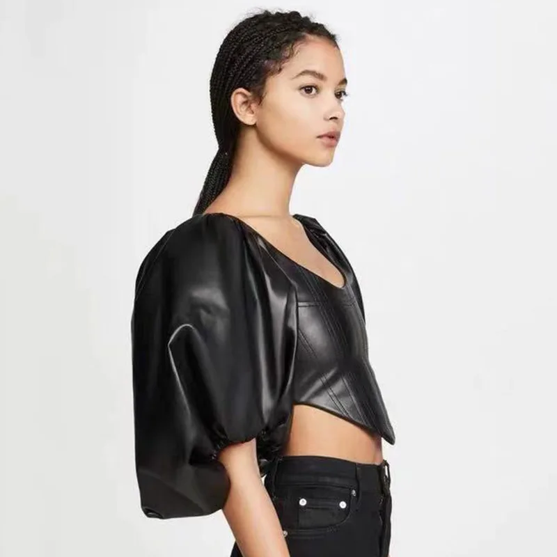 Корейский Tumblr 2019 хит продаж Одноцветный женский топ из искусственной кожи с