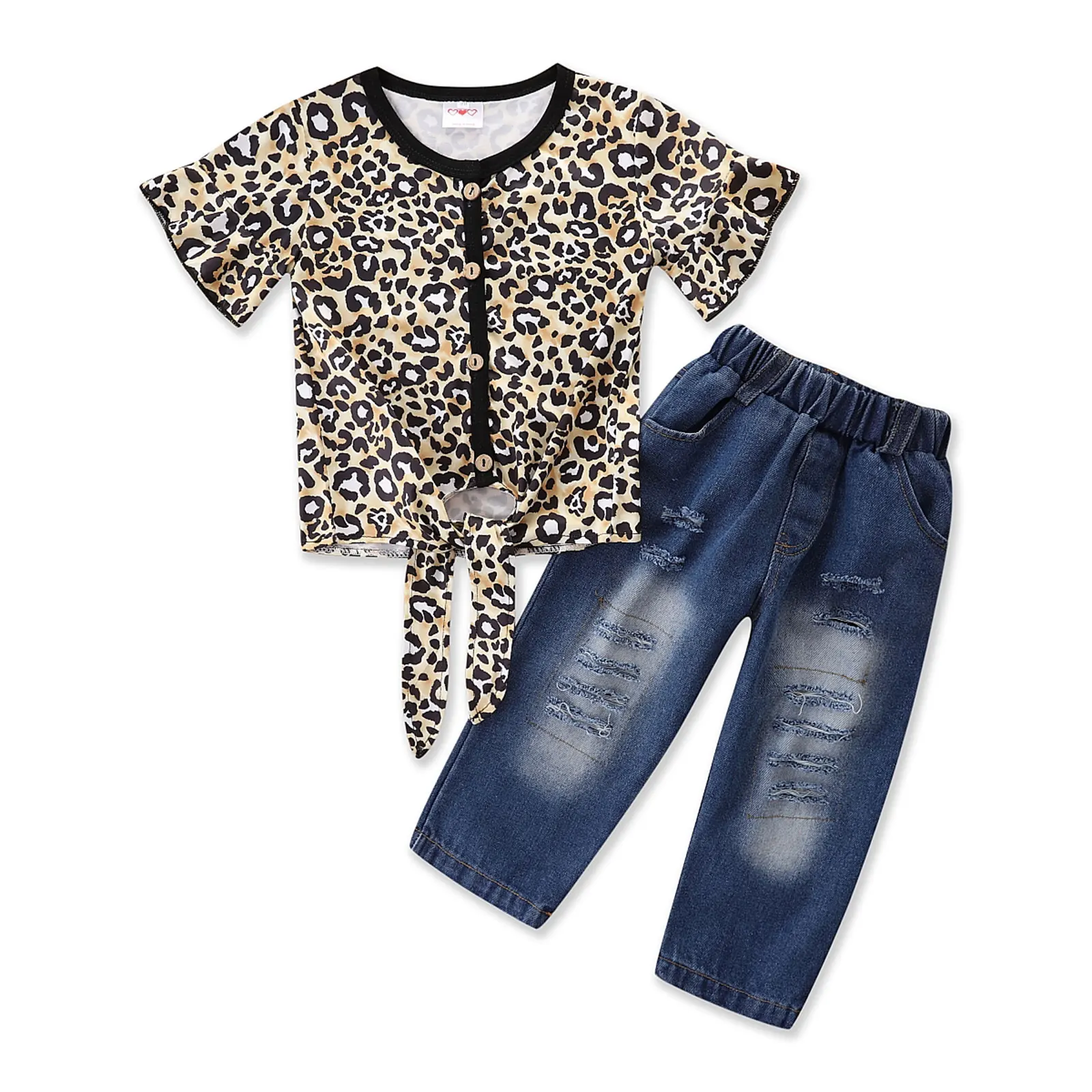 

2021-04-12 Lioraitiin 1-6Years Toddler Baby Girl Summer Fashion Clothing Short Sleeve Leopard Printed Top Demin Long Pants