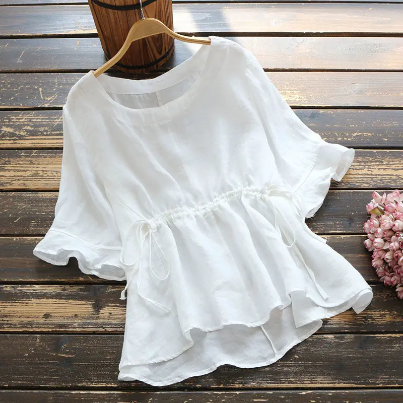 

Белая женская блузка 2021, летние однотонные хлопковые Повседневные Рубашки, Топы, модные блузки с коротким рукавом, женская блузка Y942