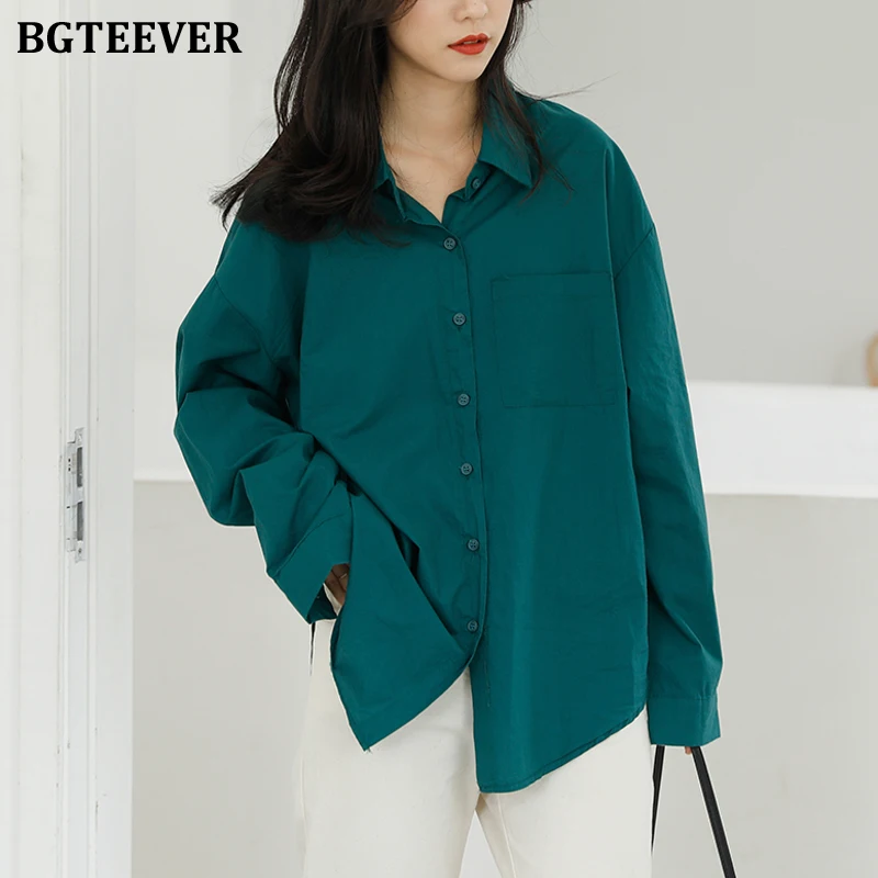BGTEEVER Осень-зима женские свободные рубашки отложной воротник полный рукав карман