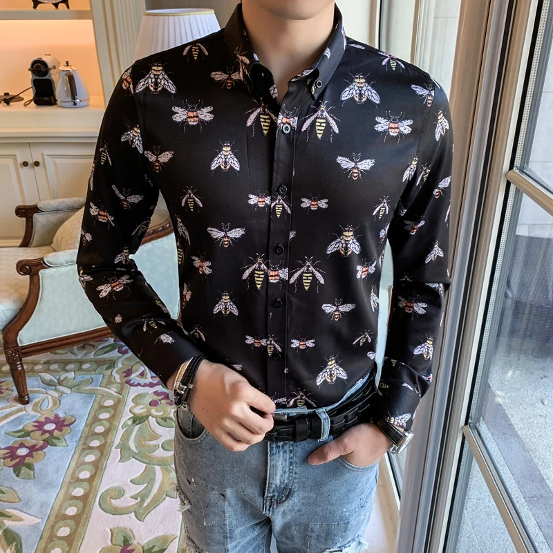 Рубашка мужская с длинным рукавом на пуговицах принтом пчелы | Мужская одежда