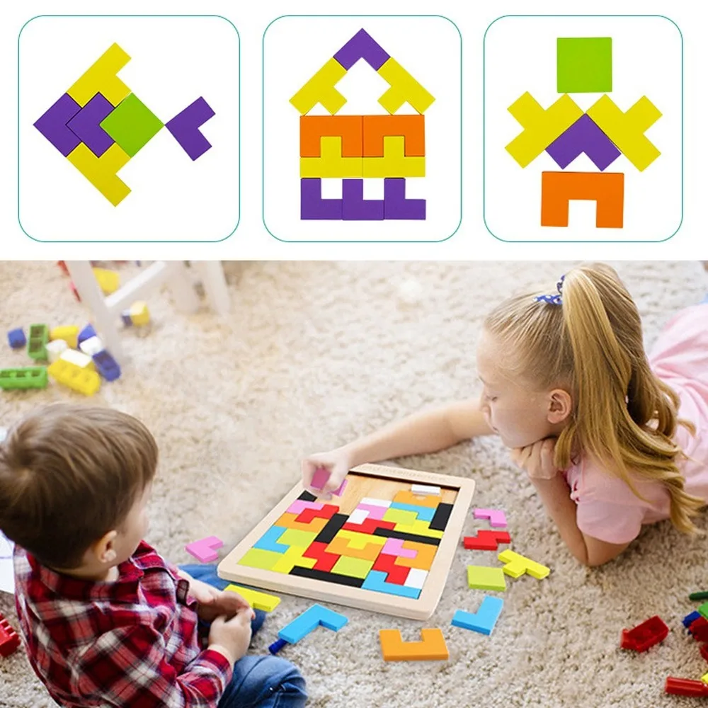 

Montessori Toys Wooden Tetris Game Tangram Puzzle 3D Colorful Children Educational Jigsaw Puzzle Game Toy for Kids Children
