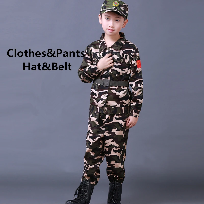Black set Hat Belt Детская армейская Военная униформа, одежда для солдат для мальчиков, Детская тренировочная камуфляжная длинная куртка+ штаны+ шляпа+ пояс, комплект армейской одежды - Цвет: Black set Hat Belt