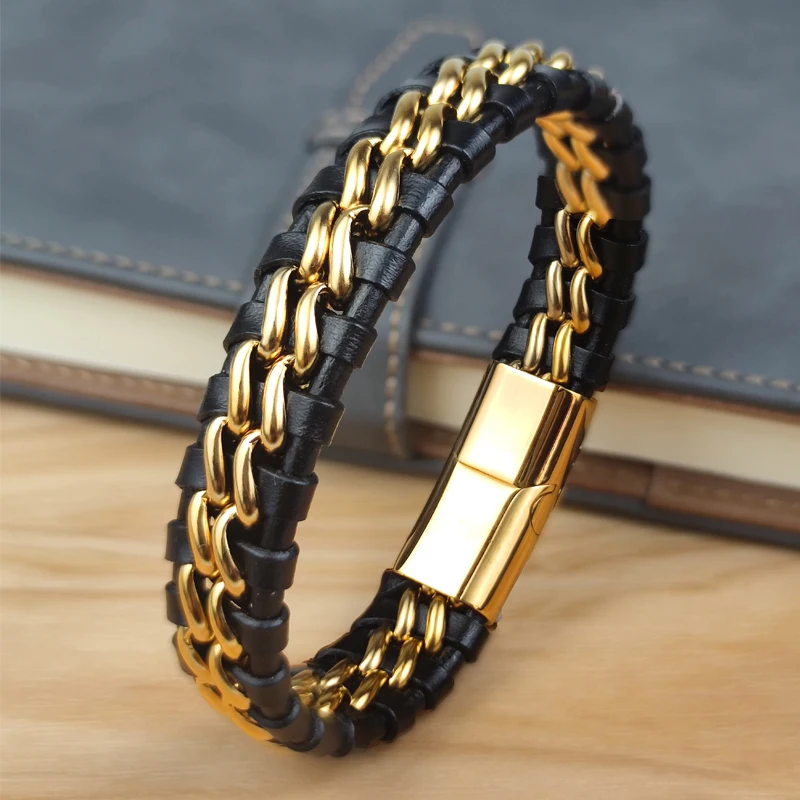 Genuine Leather Chain Bracelet for Men Magnetic Stainless Steel Clasp in Plated Gold Exclusive Jewellery Gift Wholesale Dropping 1