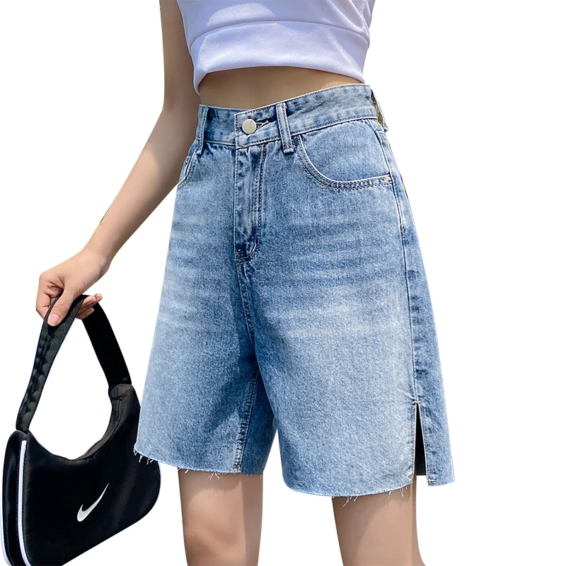 

ZHISILAO High Waist Denim Shorts Women Plus Size Retro Blue Loose Wide Leg Straight Jeans Shorts Mujer Streetwear Summer 2021