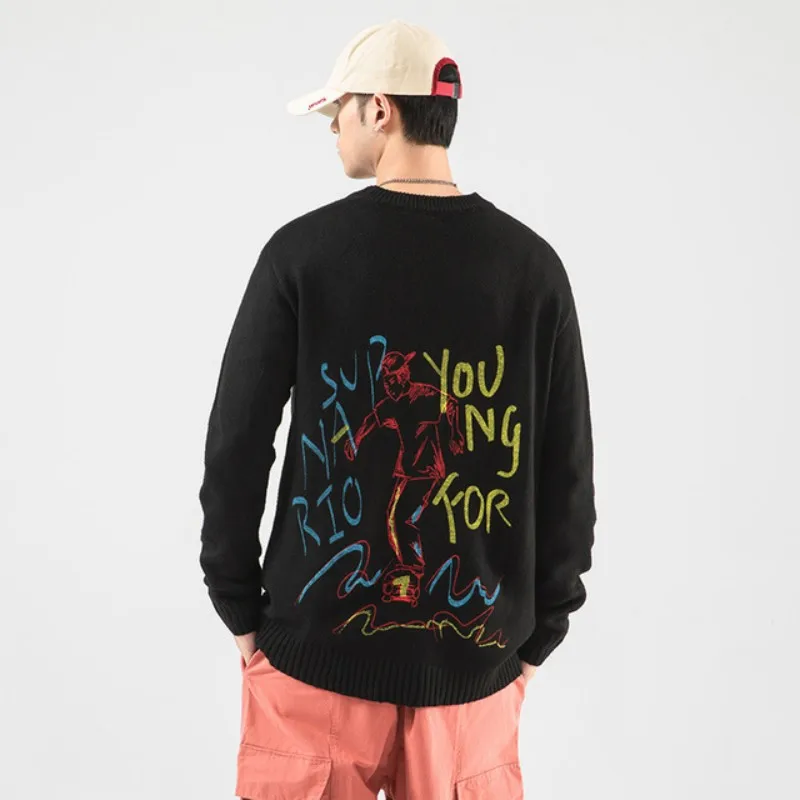 

Men Lazy Wind Sweater Knitting Korean Style Loose Pullover Round Neck Letter Print Long-Sleeve Top Autumn Winter Male Streetwear