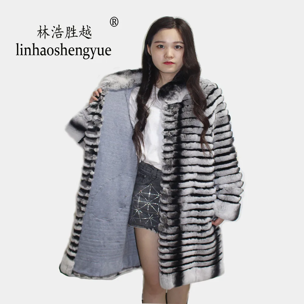Linhaoshengyue 2020 Real Fur 90cm  Lenght Rabbit Fur Women Coat  Fashion Warm  Winter  Freeshipping