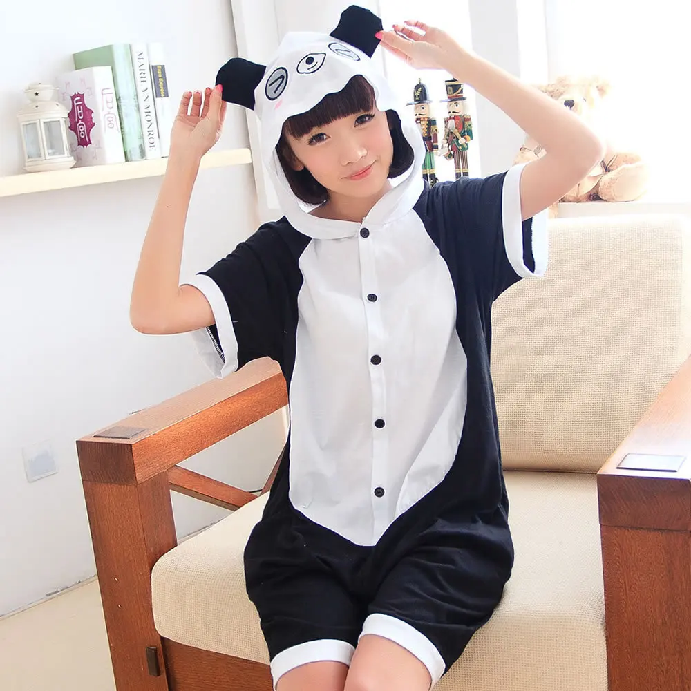 

Kigurumi Пижама панда взрослых комбинезон в виде животного, женские и мужские летние футболки с короткими рукавами, одежда для сна из хлопка с рисунком героев из мультфильмов аниме с капюшоном Pijamas