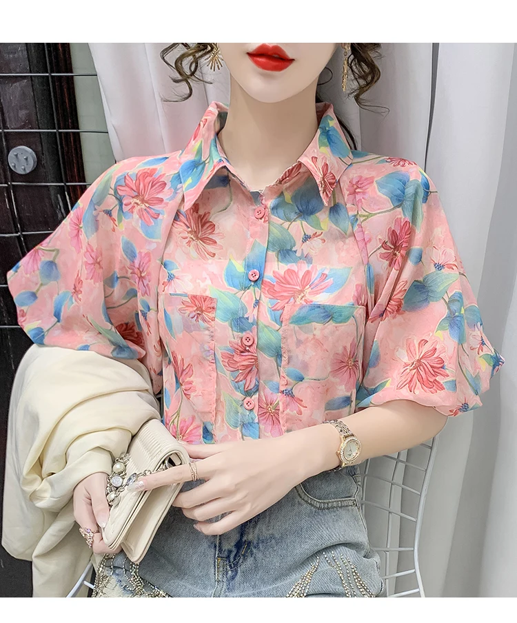 

Новинка лета 2021, модная рубашка с пышными рукавами, шифоновая Женская приталенная Милая рубашка с цветочным принтом