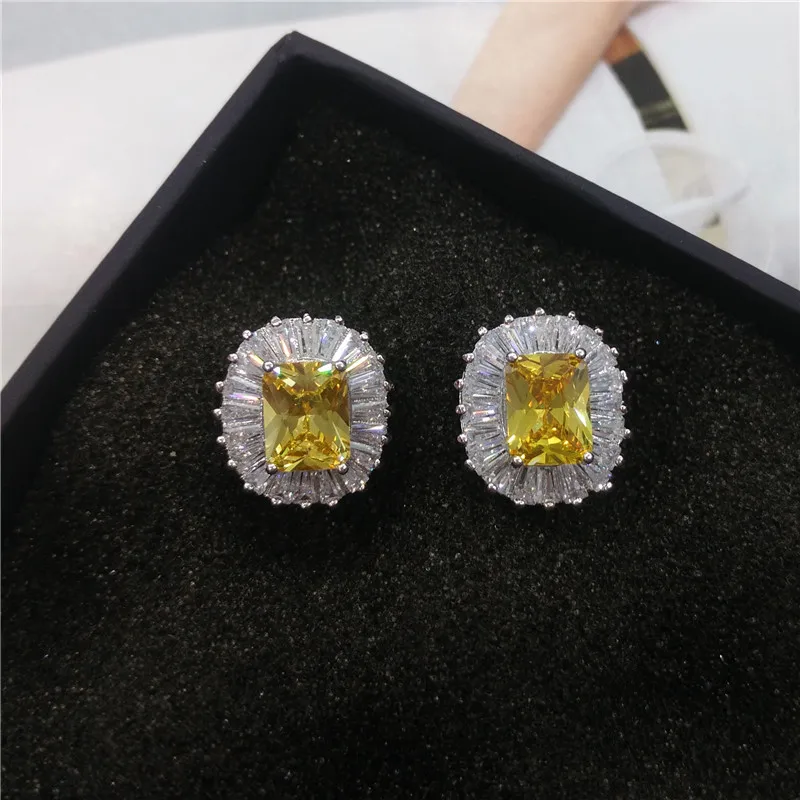 2017 office Caeeer Princess Cut Yellow pink Zircon Earring Stud with AAA Grade Micro Paved CZ Luxury for Women | Украшения и