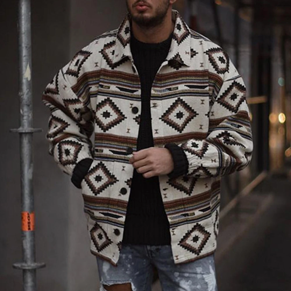 

Jackets Men's Jacket Autumn Nice Pop Slim Fit Printed Geometric Pattern Lapel Buttoned Jacket Casual