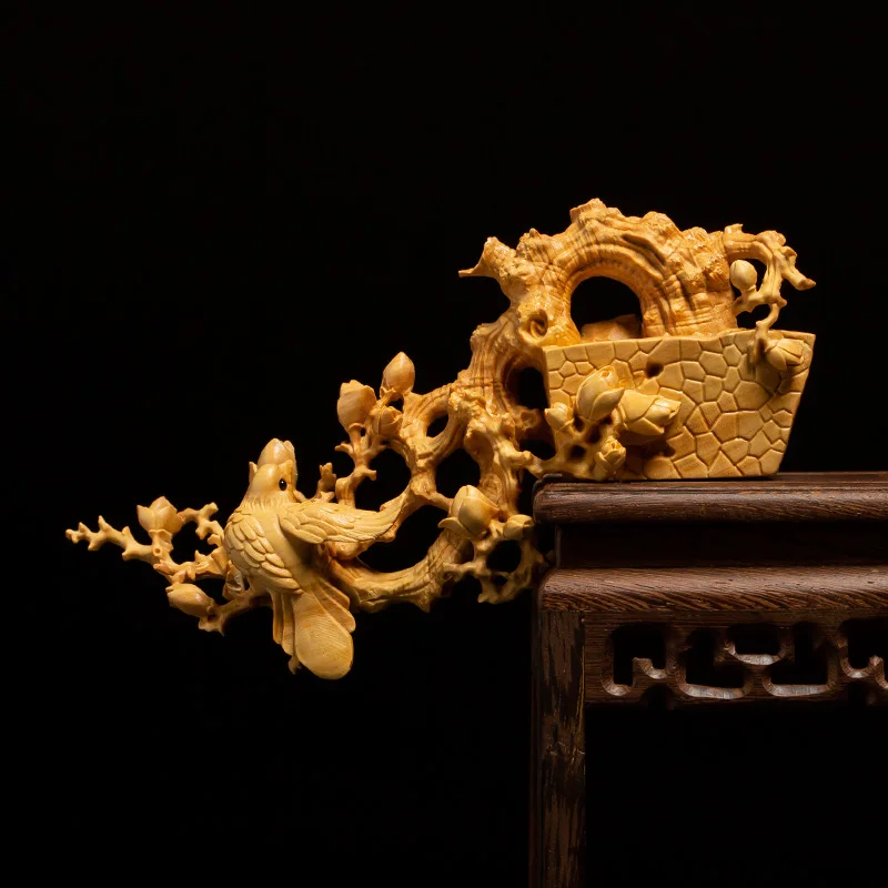 Резьба по китайскому боксу скульптура в виде цветка птицы|Статуи и скульптуры| |
