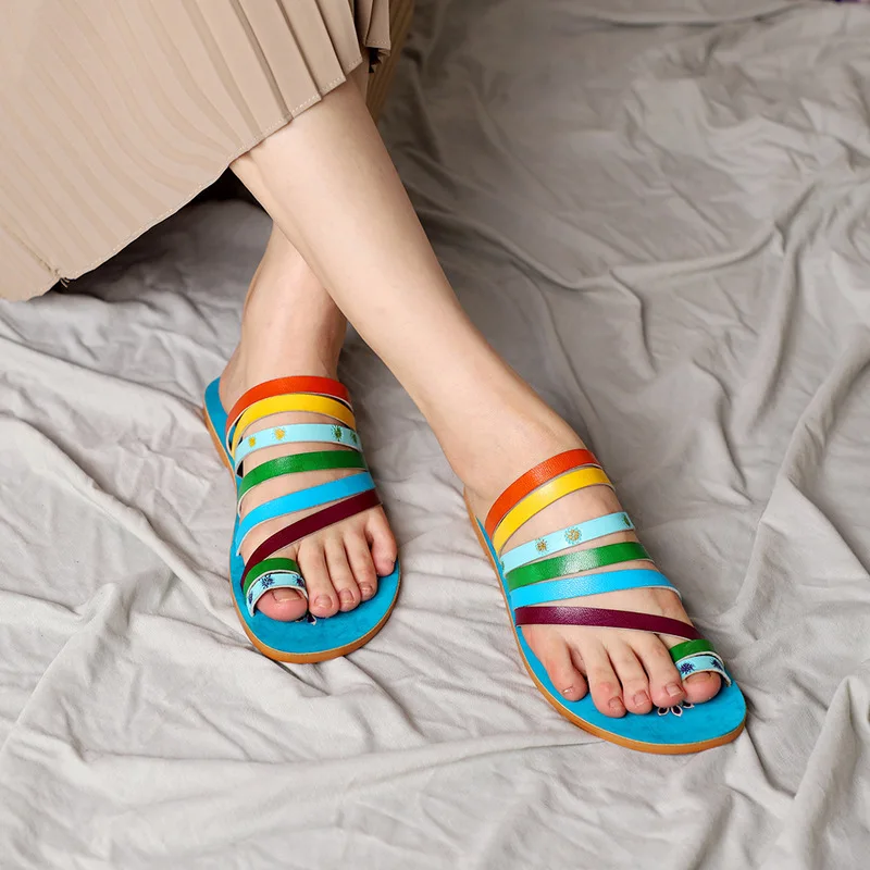 Soft Woman Slippers Sandals Summer Shoes Woman Retro Sandals Vintage Bohemian Breathable Comfortable Genuine Leather Printing