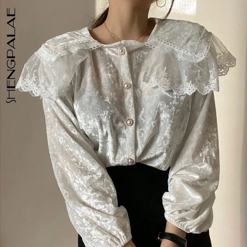 SHENGPALAE 2020 Fashion Vintage Lace Stitching Shirt Female Tops Long Sleeve Casual Turn down Collar Women's Loose Blouse ZA3096|Блузки| |