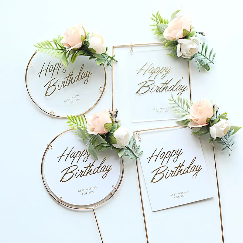

1Set Happy Birthday Acrylic Cake Topper Artificial Silk Flowers Head Baby Shower Party Decoration DIY Gift Rose Baking Supplies