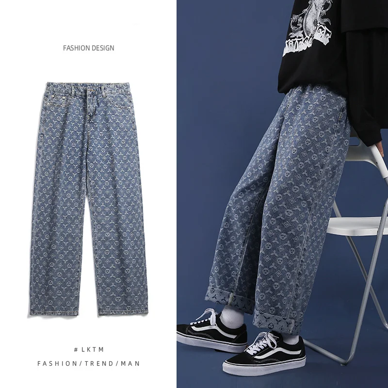 

Ybaby Jeans men's loose fashion motorcycle style Korean Harun versatile Harajuku style printed casual pants men's jeans