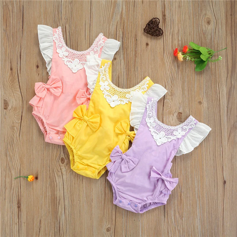 

0-24Months Newborn Baby Girls Purple/Yellow/Pink Romper,Kids Girls Summer Lace Trim Bowknot O-Neck Sleeveless Bodysuit Playsuits