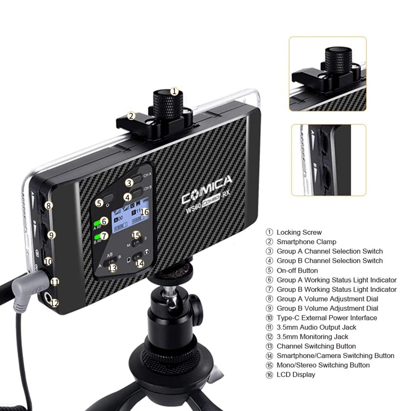 Comica CVM-WS60 Combo Мини-беспроводной микрофон 2 передатчика 1 ресивер для камер