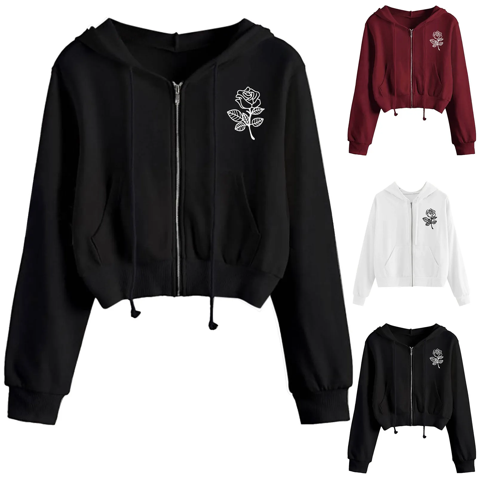 

Женская толстовка на молнии с длинным рукавом, свитшот на молнии с капюшоном и принтом роз, повседневные топы, толстовки, женские толстовки, ...