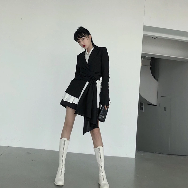 long women's blazer black relaxation pattern suit belt jacket coat casual solid color single button coat OL blazer suit skirt