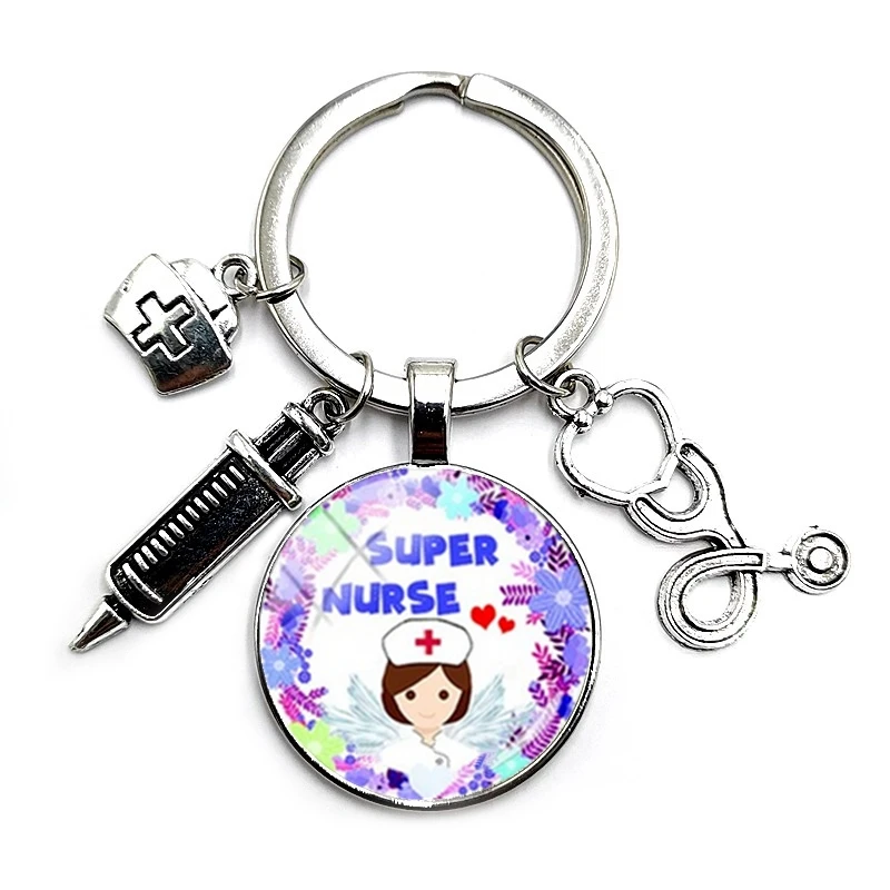 

Latest Home Stethoscope Nurse Syringe Picture Keychain 25mm Round Convex Glass Dome Pendant Men and Women Fashion Charm Keychain