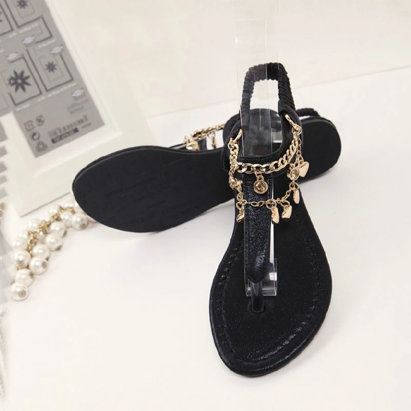 BEYARNE designer metal chains gladiator sandals women heart pendant sandalia feminina black/gold glitter flip flops summer shoes | Обувь