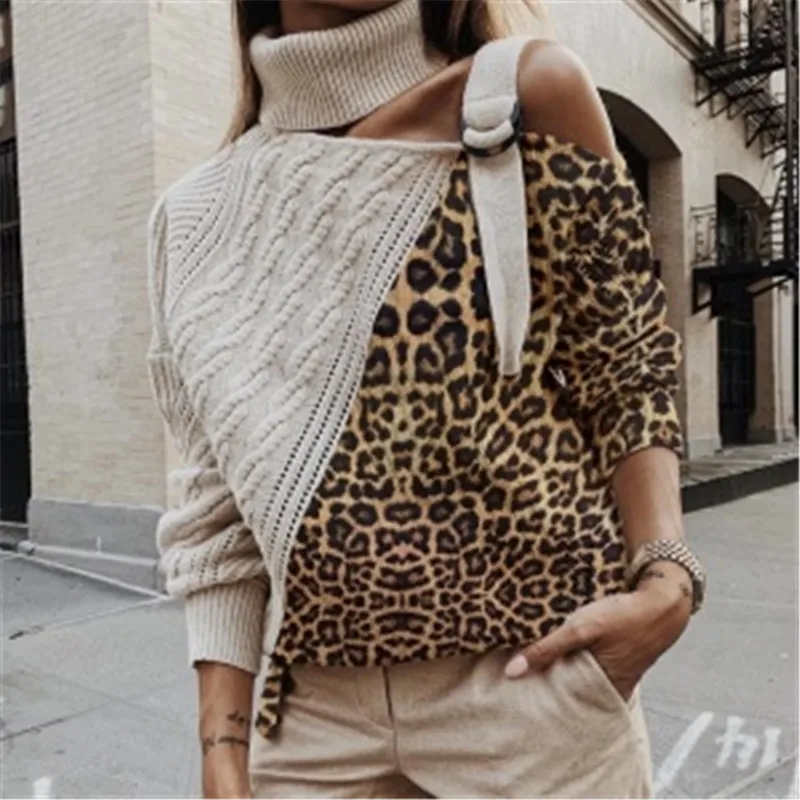

2021 Women's Leopard Turtleneck Knit Sweaters Jumper Autumn Winter Strap One Shoulder Pullover Lady Long Sleeve Knitwear Female