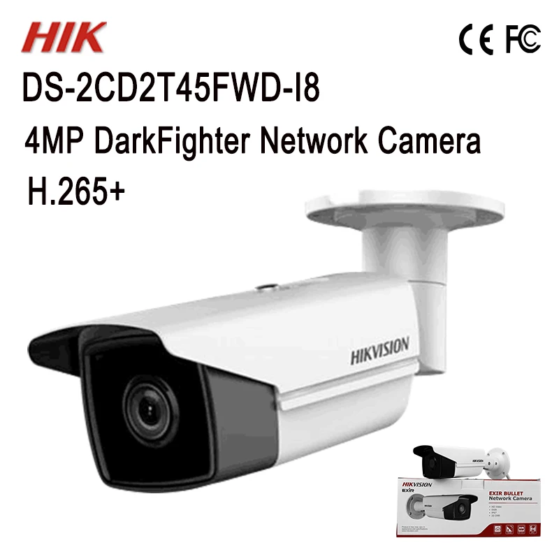 DS-2CD2T45FWD-I8 Оригинал Hik 4MP пуля камера H.265 + DarkFighter IR 80m сеть IPC распознавание лица 128GB