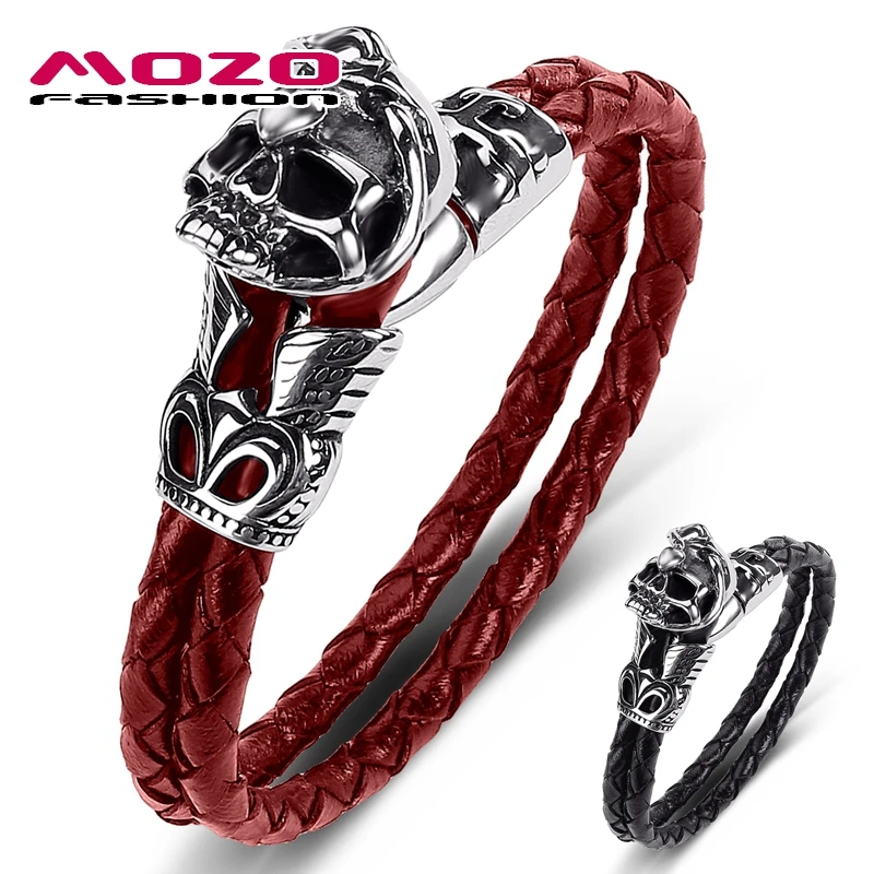 

MOZO Dropshipping 2021 Men Genuine Leather Bracelet Stainless Steel Skull Skeleton Punk Charm Gift Women Wholesale Jewelry 520