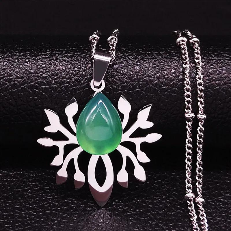 

Bohemia Tree of Life Green Natural Stone Stainless Steel Charm Necklace for Women Silver Color Jewelry bijoux femme N4325S04