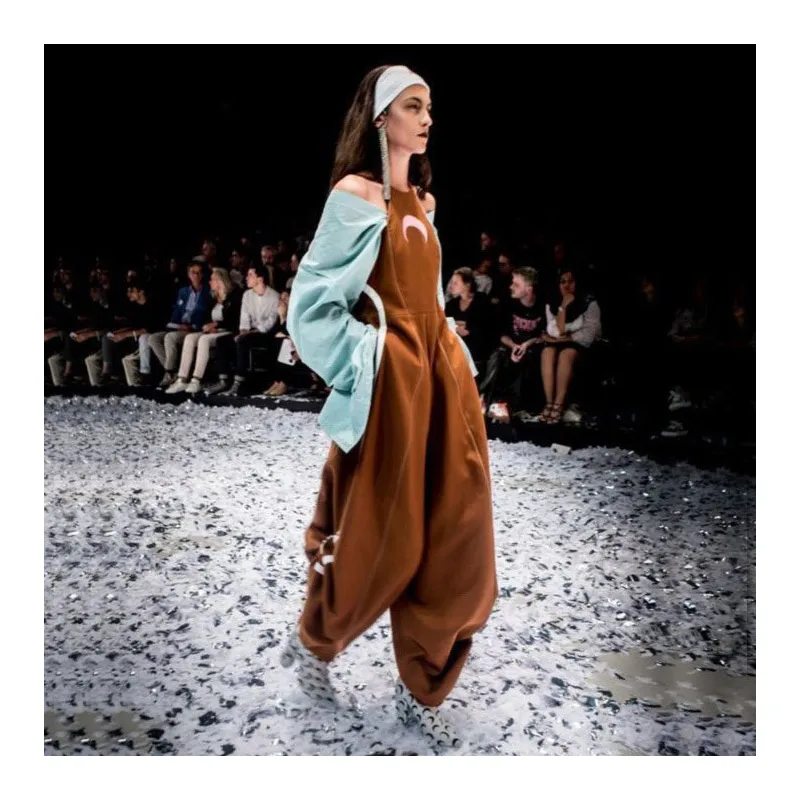 Весна Лето Осень Харадзюку Мун Шаблон Комбинезон кольцо морщинистый с открытой