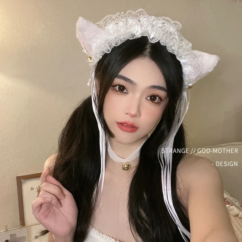 

Black and white lace tassel with ribbons cute cat ear headband cos cat bell collar animal ear hairpin headdress Neko ears