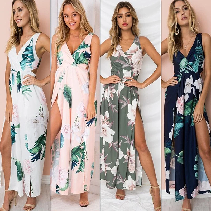 

2021 Summer New Women's Fashion Casual Print Deep V Neck Spaghetti Straps Sleeveless Lace Up Tunic Split Jumpsuits Lady Straight