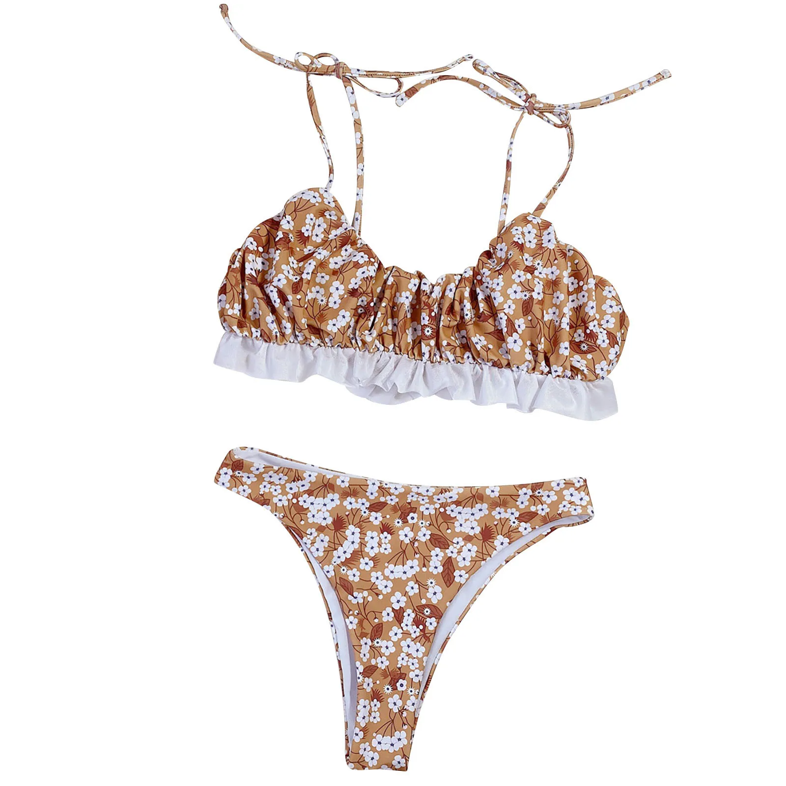 

Fashionista Lady Sexy Containing Chest Pad Solid Bikini Set Two Piece Swimsuit Lace Straps Bathing Suit2021 Mujer Ruffle Biquini