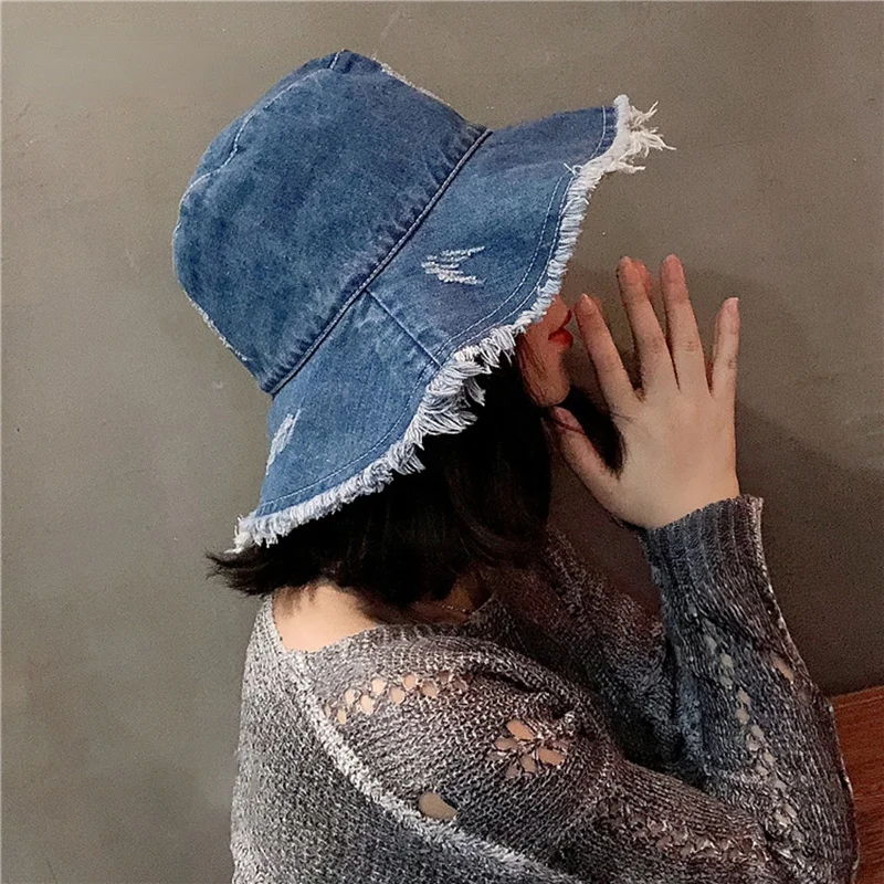 

Summer Autumn Washed Denim Sun Hat Women Fashion Tassel Floppy Cap Ladies Wide Brim Beach Bucket Hats Female Cotton foldable