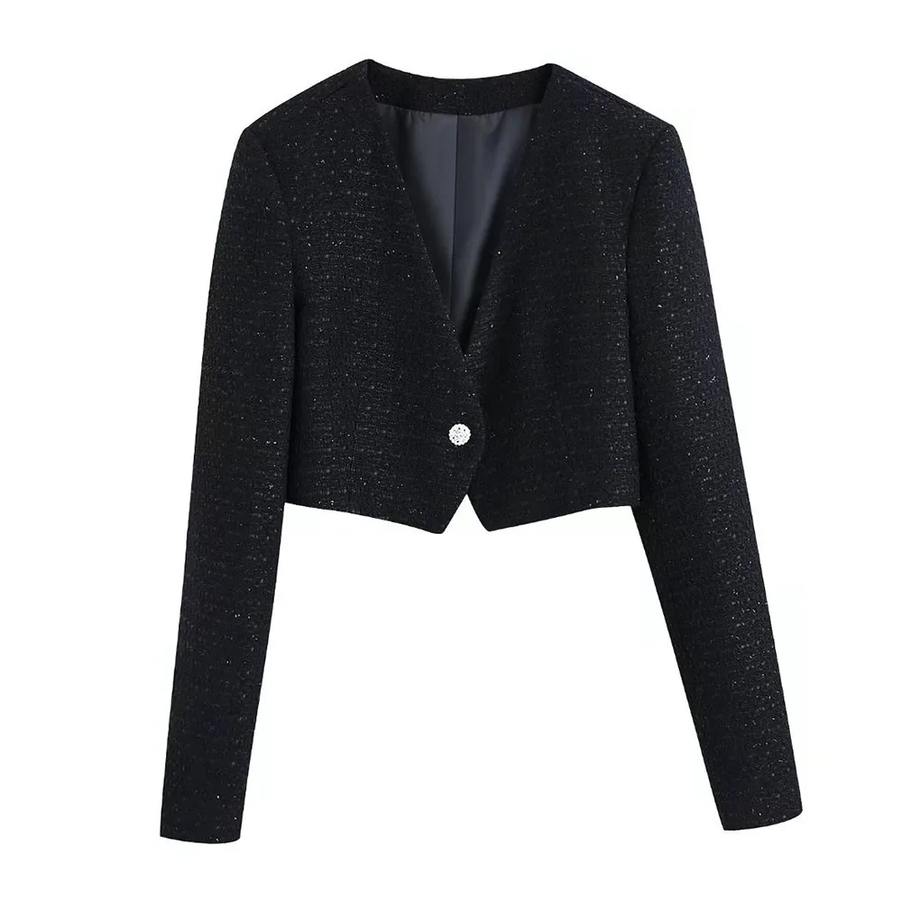 

Za Women 2022 New Fashion Single Button Textures Cropped Blazer Coat Vintage Long Sleeve Female Outerwear Chic Femme