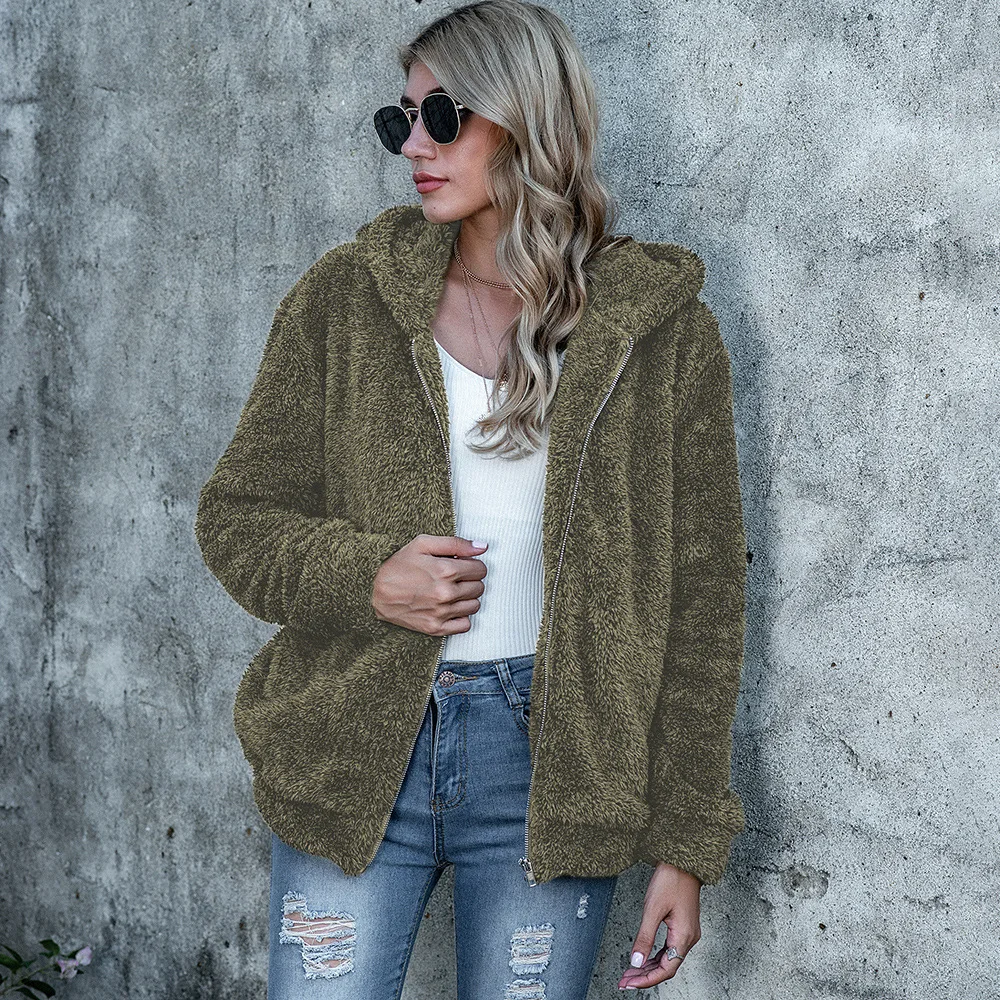 

Women Autumn Winter Zipper Plush Fleece Jacket Women Pure Hooded Short Coat Casual Loose Vintage Cardigan Oversize Sweatshirts