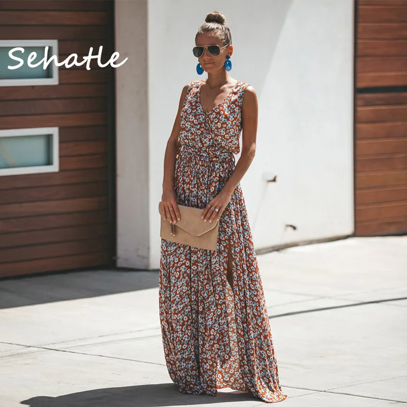 Летние платья 2020 Новинка Sehatle миди богемное платье повседневное пляжное с v