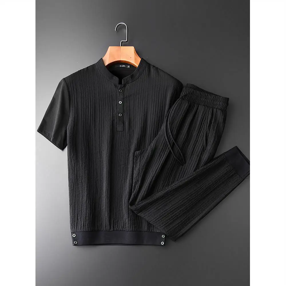 

Three dimensional dark pleated fabric stand collar short sleeve suit men's slim youth fashion trend summer breathable two piece