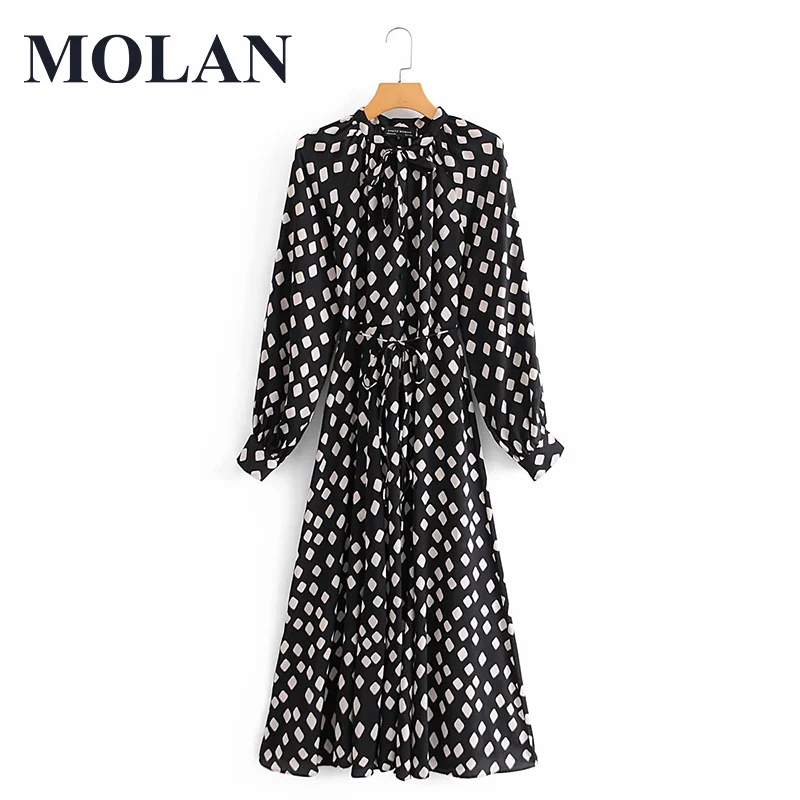 

Fashion Women Geometry Print Shirt Dress Bow Tie O Neck Long Sleeve Vintage Office Ladies 2021 New Chic Midi Dress With Slash