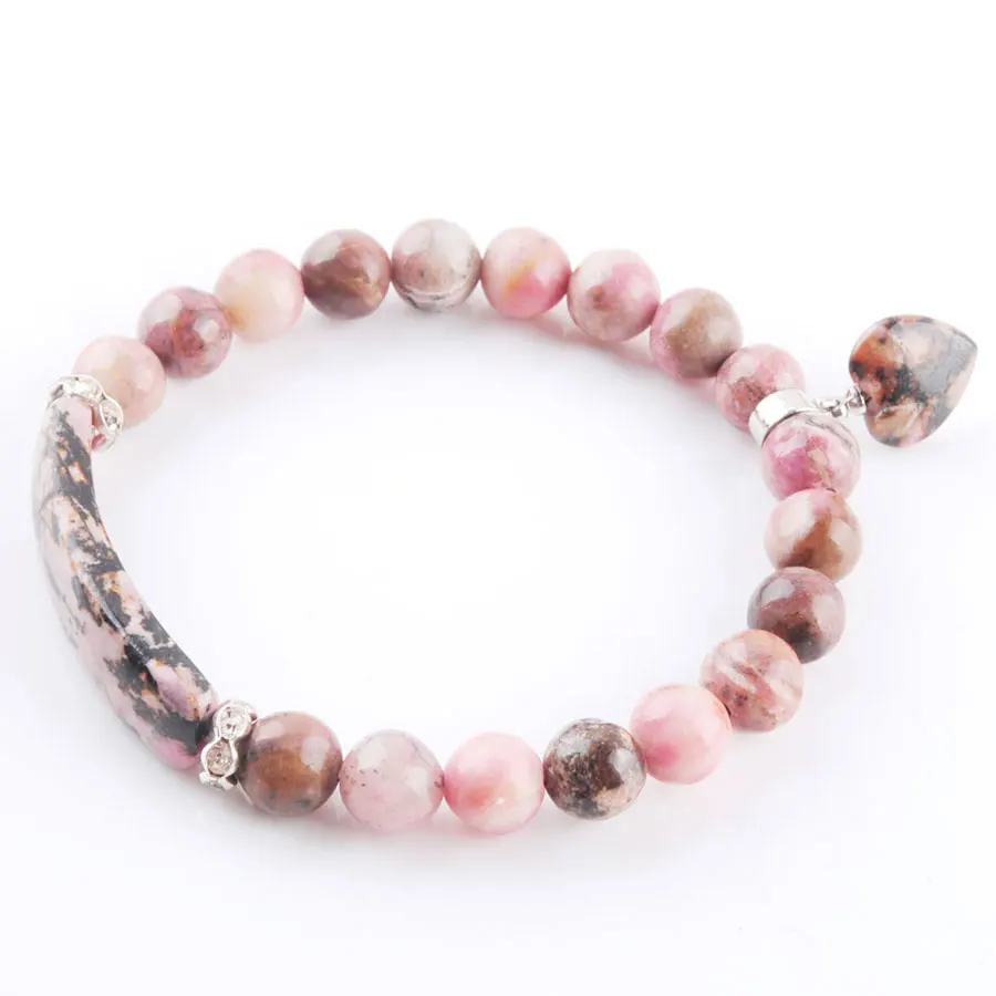 

WOJIAER 10Pcs/lot 8mm Round Beads Wrist Bracelets & Bangles Heart Fitting Natural Rhodochrosite Gem Stone Couples Jewelry PK3314