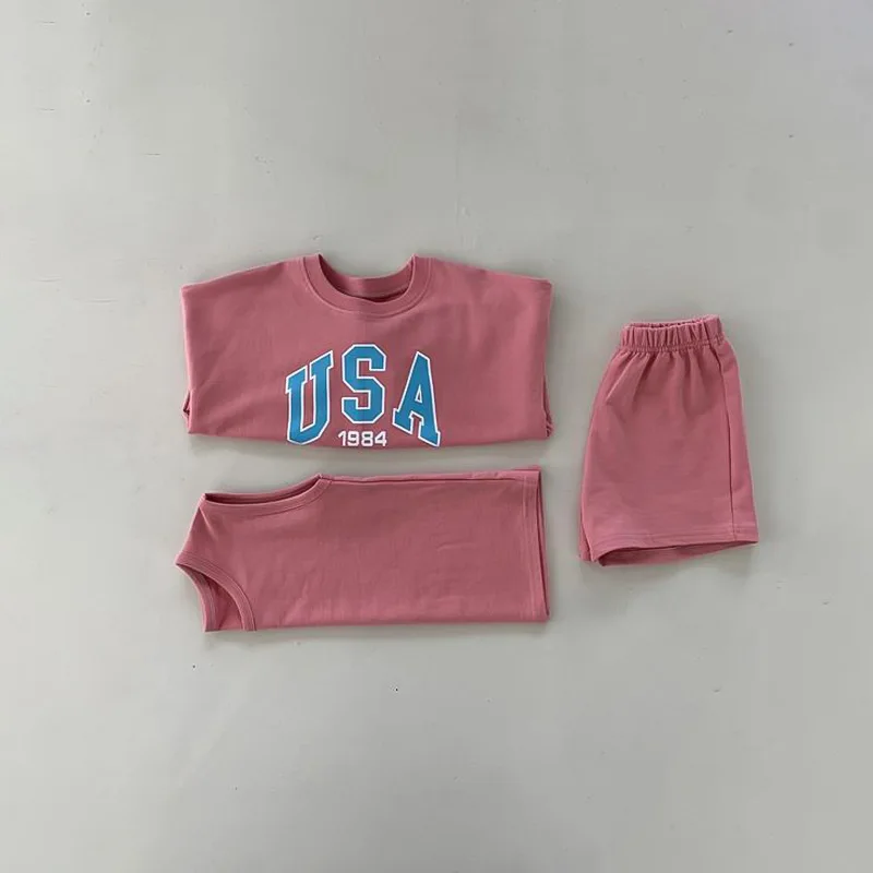 

7215 Children Clothing Set Spring Summer Long Sleeve T-shirt+Vest+Shorts Baby Boy 3pcs Suit Candy Colors Casual Girls Suit