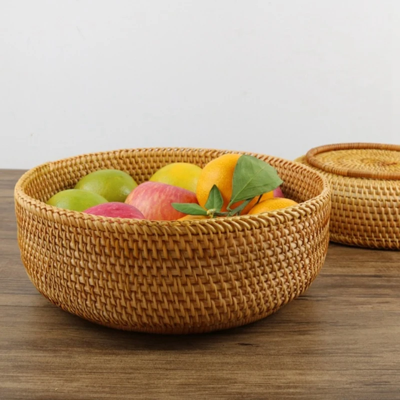 

3PCS Rattan Fruit Basket Snack Bread Basket Round Woven Basket & 1x Idyllic Style Rattan Tray with Handles Basket