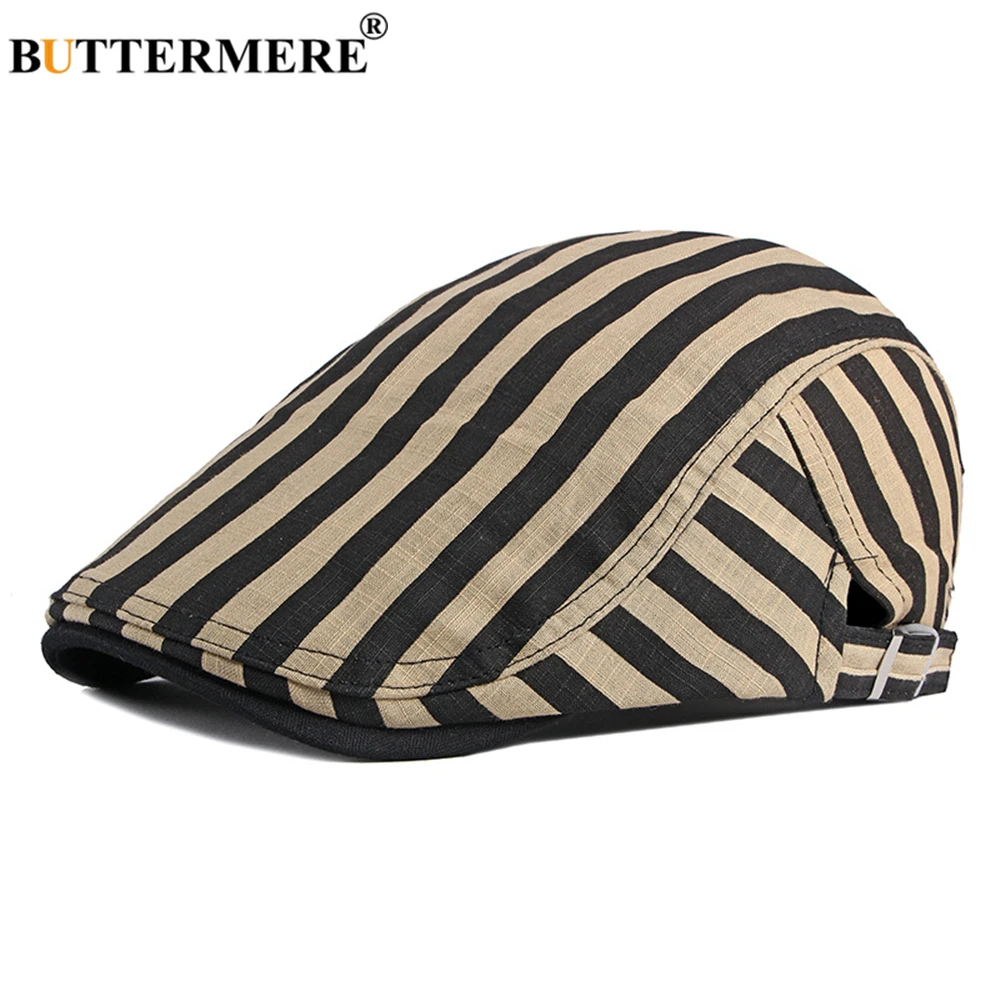 BUTTERMERE 100% Cotton Black White Striped Mens Berets Cabbie Vintage Flat Caps for Men Spring Summer Artist Hat
