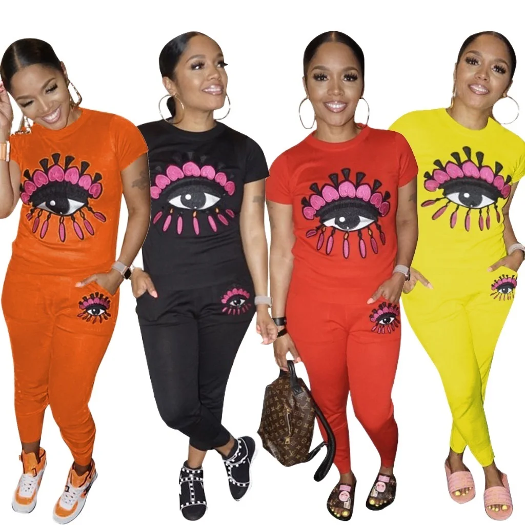 

Женский комплект из двух предметов, футболка с вышивкой и круглым вырезом, с вырезами и длинными брюками, спортивный костюм, лето