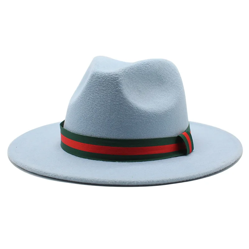 

Spring Single Side Wool Felt Jazz Fedora Hats Chain Elegant Men Women Wide Brim Panama Trilby Cap wholesale