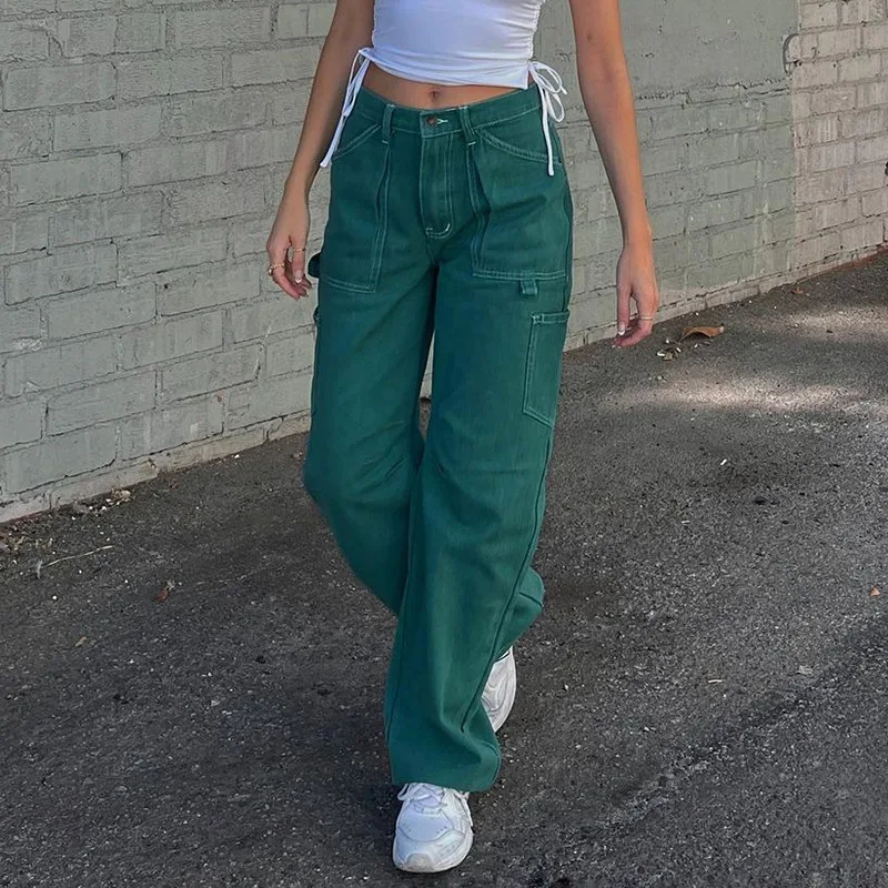 

Women 90s Y2K Patchwork Wide Leg Mom Jeans Big Pocket Cargo Pants Vintage Mopping Pants Casual Streetwear 2021 Denim Jeans