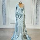 Светильник-голубое женское вечернее платье, свадебные платья, элегантные атласные Роскошные платья с бусинами для выпускного вечера SS317