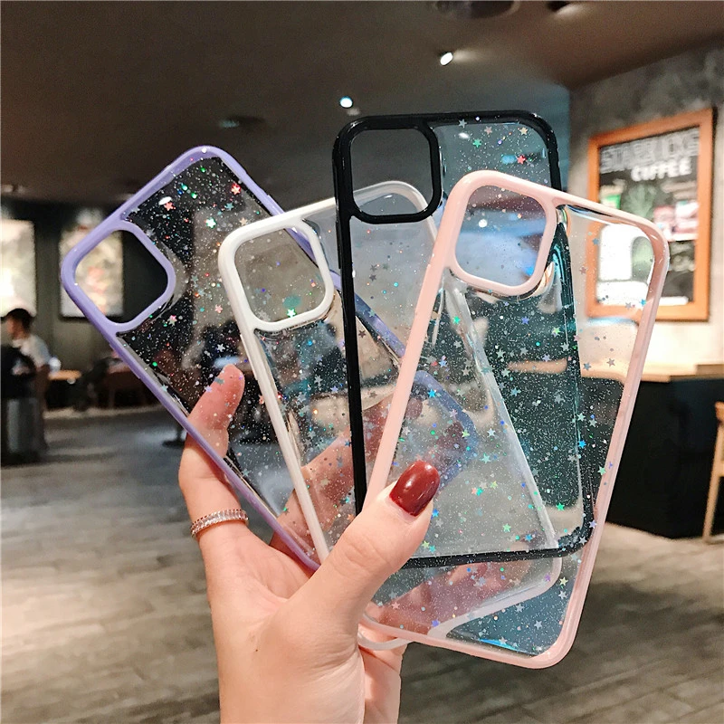 

Gorgeous Clear Glitter Epoxy Shockproof Phone Case For iPhone 12 Mini 11 Pro Max XS Max XR X 6s 7 8 Plus Cute Star Sequins Shell