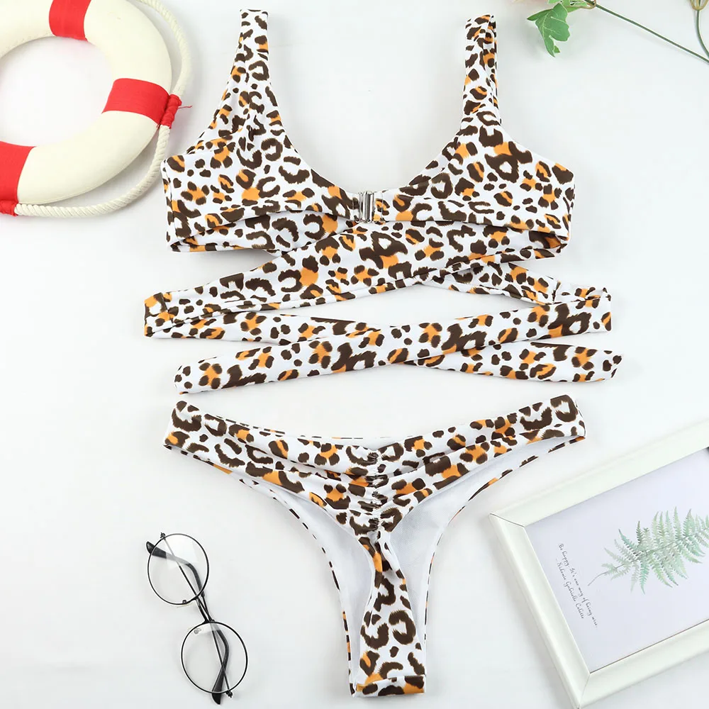 

2021 Bikini Thong Swimwear Women Leopard Print Sexy Bandage Bathing Suit Push Up 2 Pieces Summer Bandeau Swimsuit Beachwear
